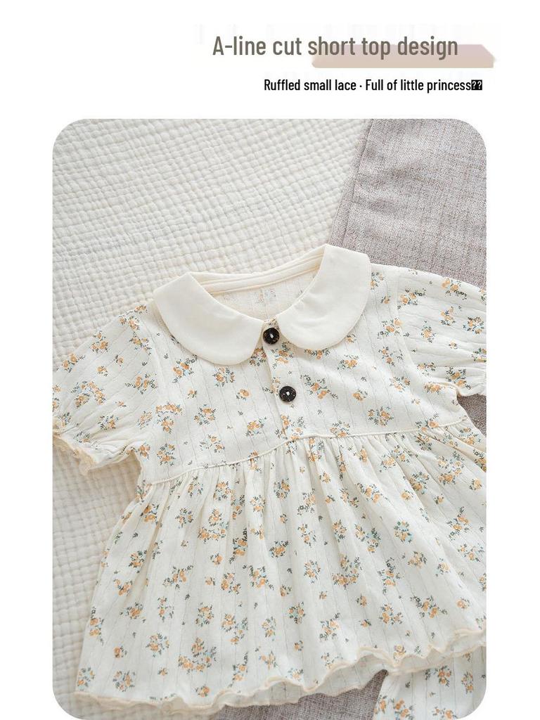 Summer Baby Girls' Floral Cotton Two-Piece Set: Breathable, Ultra-Thin Short Sleeve with Expanded Diaper Area for Infants