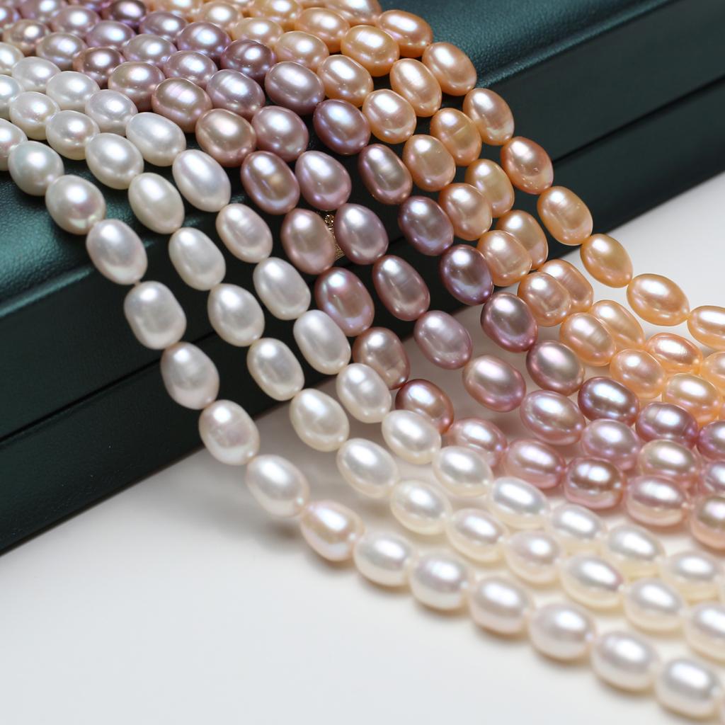 1String, White Pink Purple Natural Freshwater Pearls, Handmade Rice Pearl Beads for Jewelry Making DIY Necklaces Crafts (Beads 7-8mm, Length 36cm)