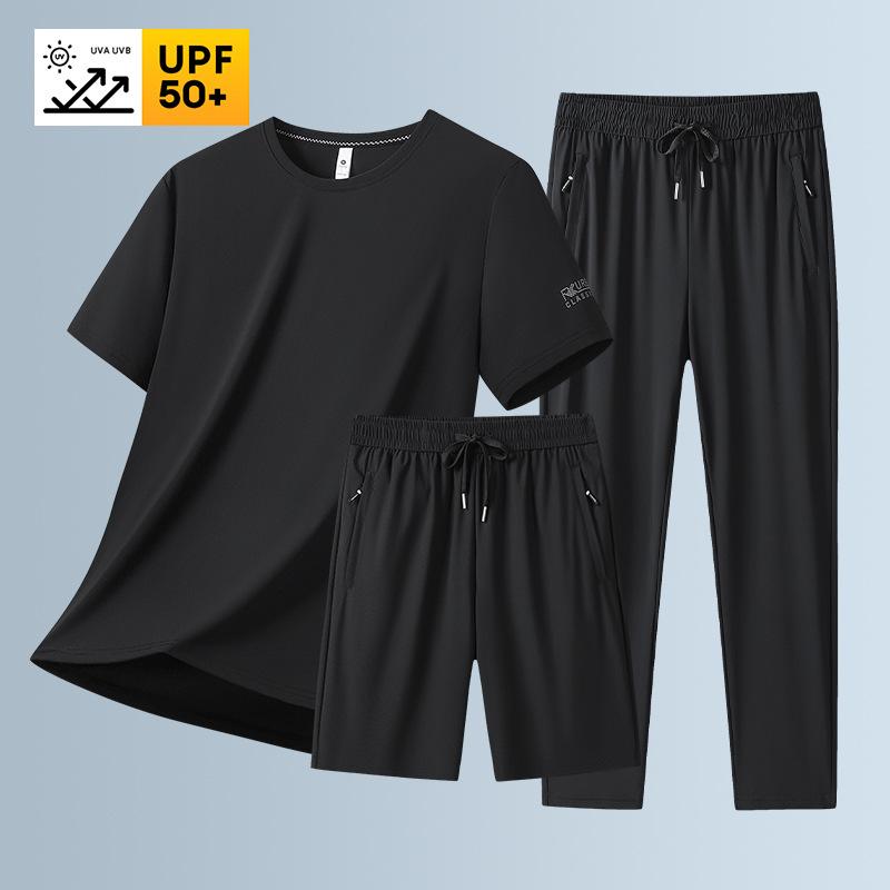 

Летний мужской шелковый лед с короткими рукавами футболки шорты длинные брюки повседневный комплект из 3 предметов крутой дышащий уличный спортивный костюм 5XL