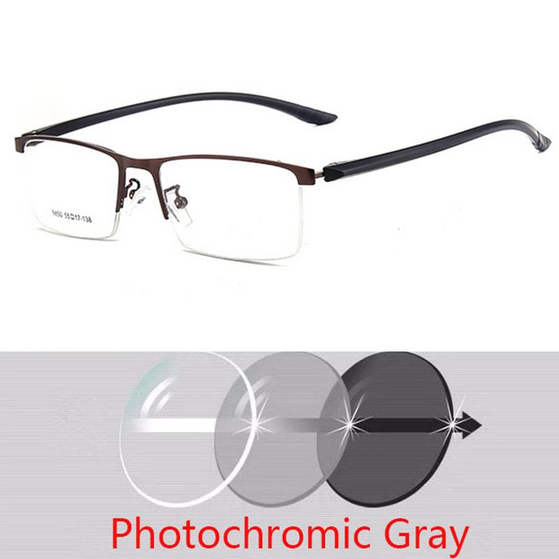 Semi-Rimless Business Metal Glasses Photochromic Lenses and Anti-UV Coating for Men Square Prescription 0 -0.5 -0.75 To -6
