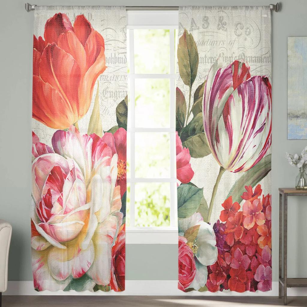 Vintage Blumen Tulpen Ölgemälde Fenster Vorhänge Sheer Chiffon Tüll Vorhang Hause Wohnzimmer Hintergrund Dekoration