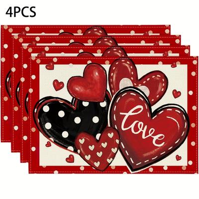 4/6/8 Stück Rote & Gepunktete Tischsets Geeignet für den Valentinstag - Herzförmige Tischsets mit Punkten, Maschinenwaschbares Polyester Rechteckiges Tischset