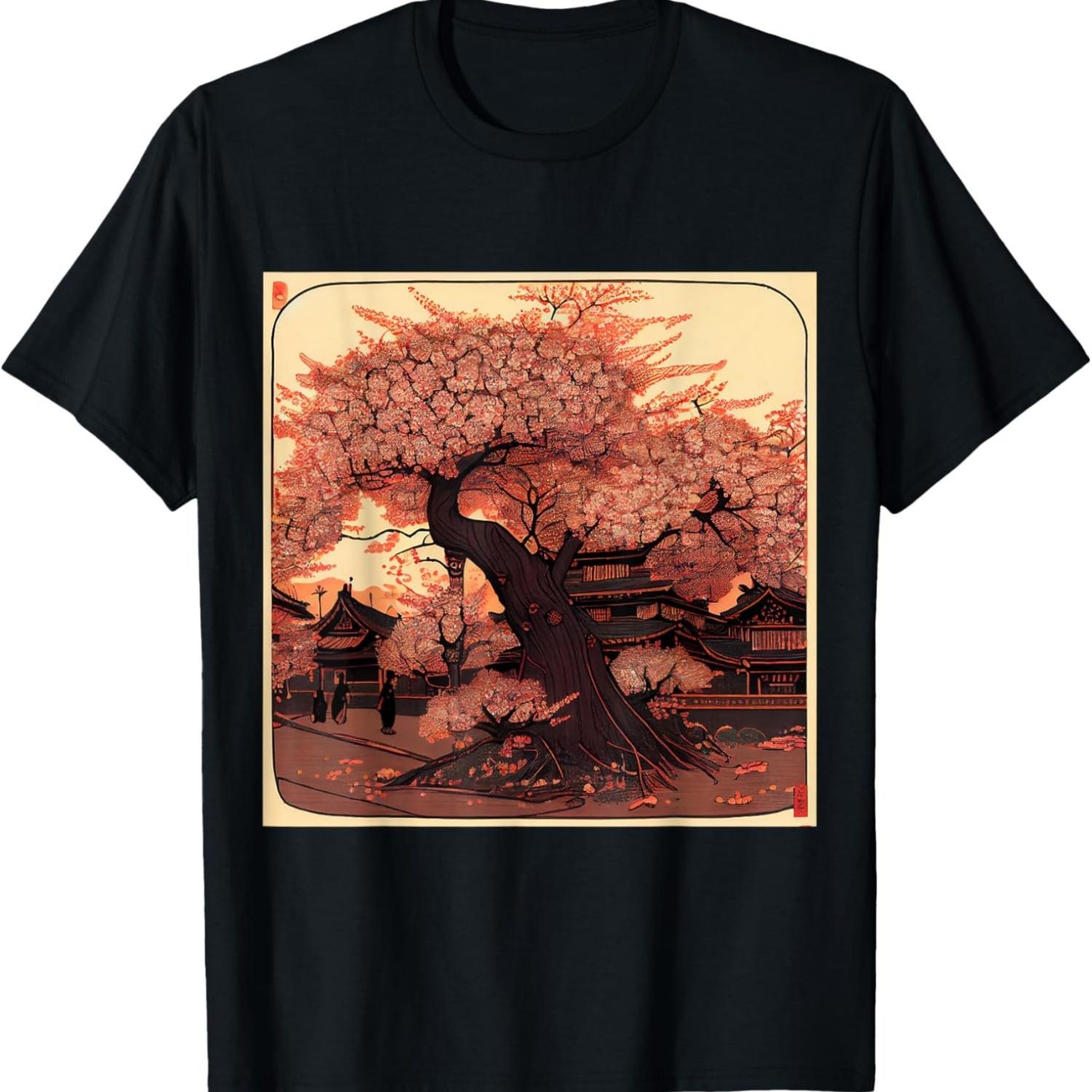Old  town with sakura cherry blossom tree T-Shirt S чёрный