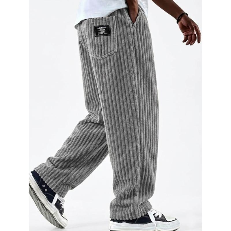 Wide-width Corduroy Patch Logo Pocket Casual Loose Straight-leg Pants for Men