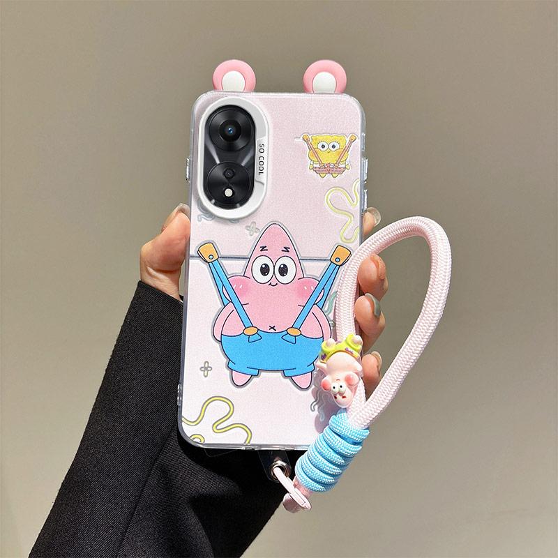 KEYSION Cute Ear Cartoon Case for OPPO A58 4G A38 A18 with Lanyard Soft Silicone+PC Shockproof Phone Back Cover for OPPO A17 A17K