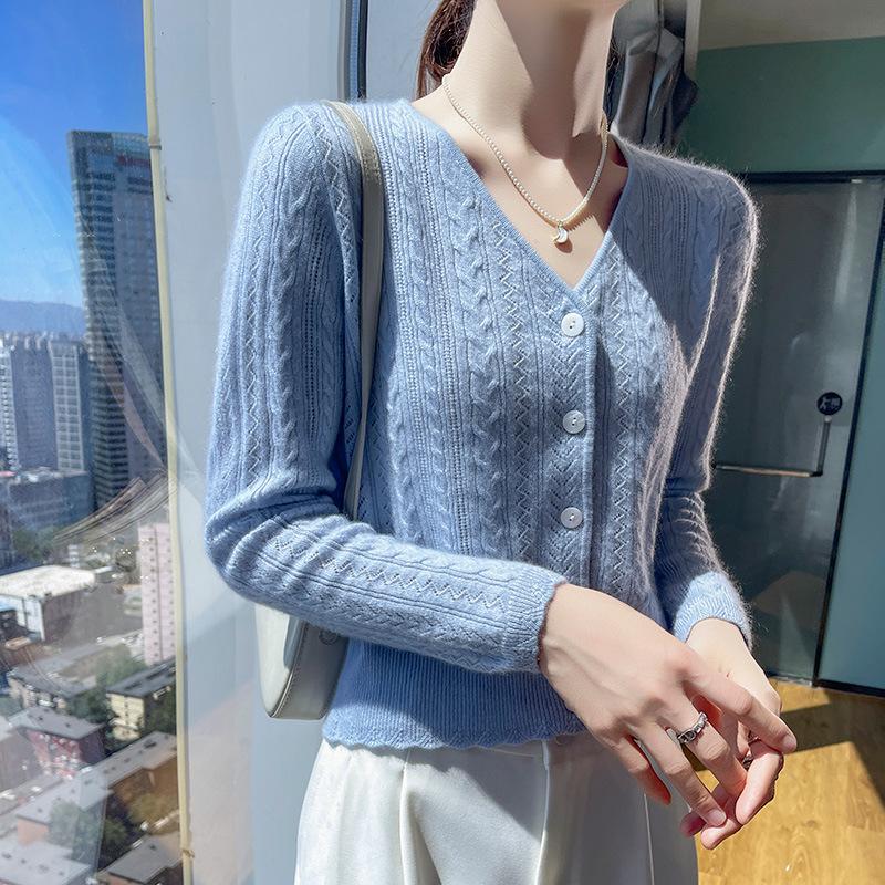 Elegant Women's V-neck Cashmere Jacquard Cardigan - Soft Knitwear for Autumn & Winter