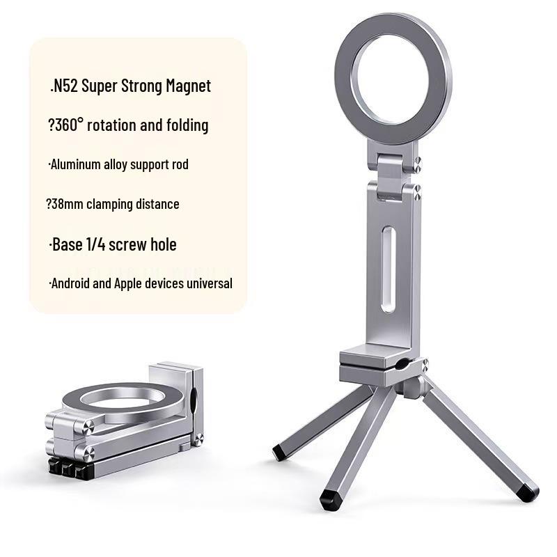 Foldable MagSafe Magnetic Alloy Phone Holder & Portable Tripod Stand for Travel and Live Streaming