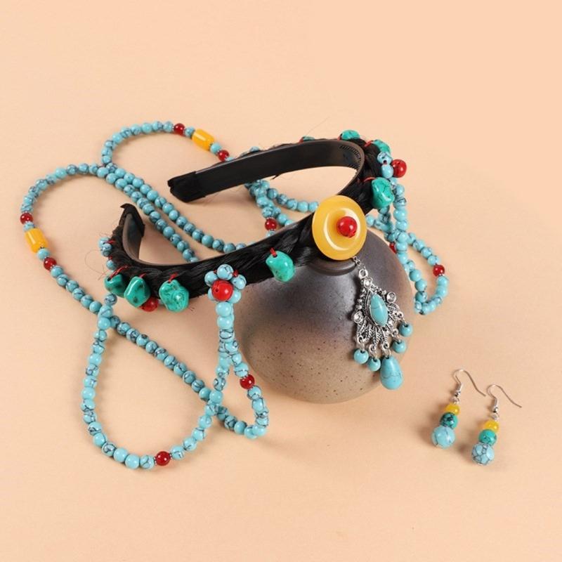 Ethnic Style Headband with Turquoise Forehead Chain Decors Exotic Hair Hoop Women Wedding Party Taking Photo Headband