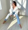 Women's Long Sleeve Blouse V Neck Ruffled Edges Lace Trimmed Shirt Elegant Patchwork Design Lightweight Fabric Suitable for Spring