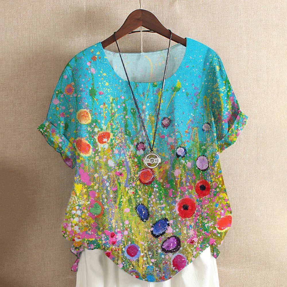 Fashion Flower Print Top Loose Short Sleeve Comfortable T-Shirts Women’s XS