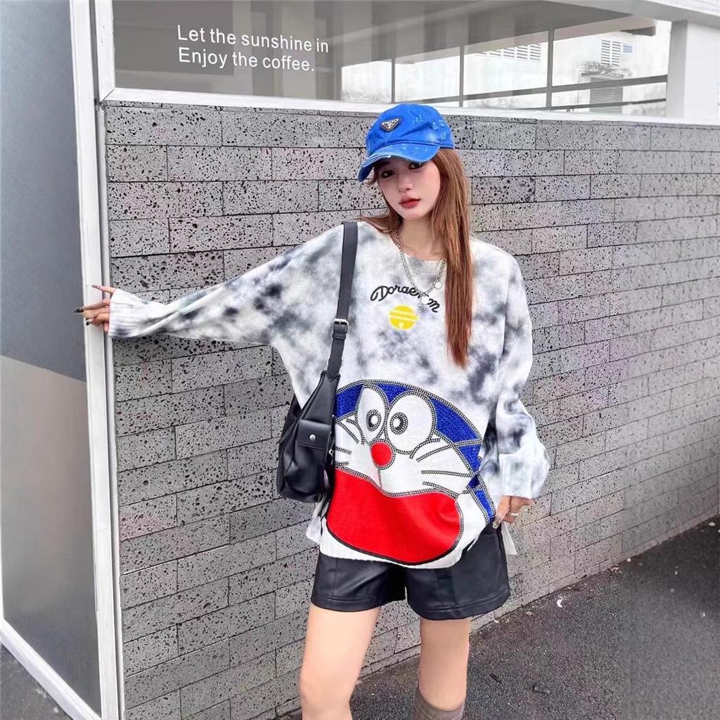 Trendy Korean Doraemon Rhinestone Knit Tie-dye Sweater for Women - 2024 Autumn/Winter Collection