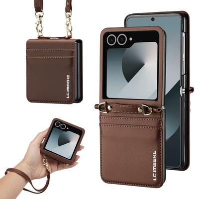 Crossbody Cards Solt Wallet Leather Case For Samsung Galaxy Z Flip 7 6 5 4 5G 3 7FE Flip7 Bag Strap Long Lanyard Business Cover