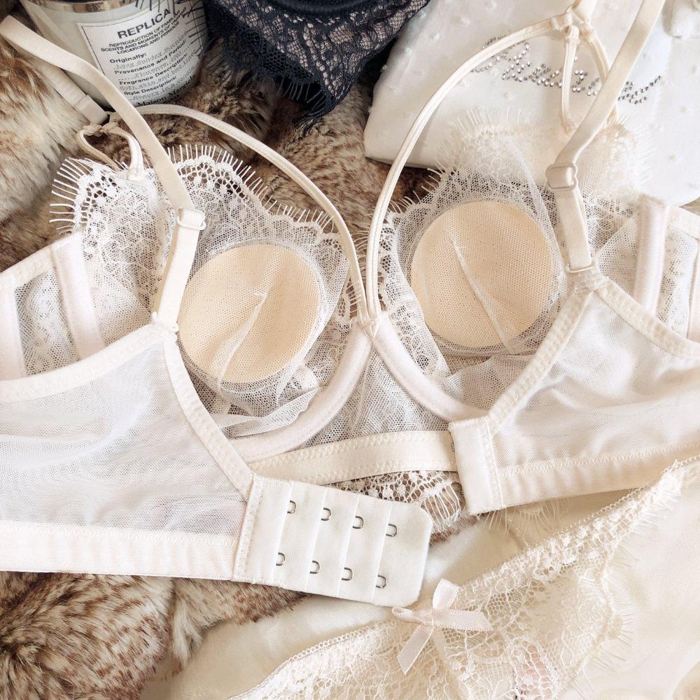 Sexy Hollow Bra Briefs Set French Thin Cup Lace Embroidery Women Underwear Wire Free Bralette Padding Comfort Plus Size Lingerie