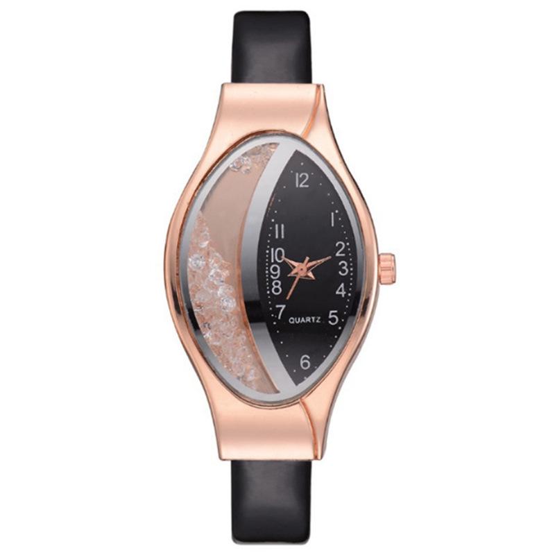 Fashionable Women's Rhinestone Leather Strap Watch with Flowing Sand Design
