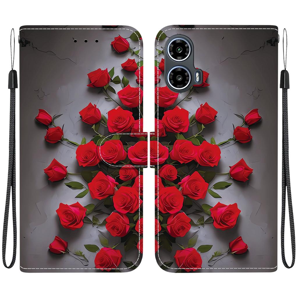 Handmade PU Leather Flip Case for Motorola Moto G34 Anti-Slip Shockproof Cover with Wrist Strap & Heart/Rose Cat Designs