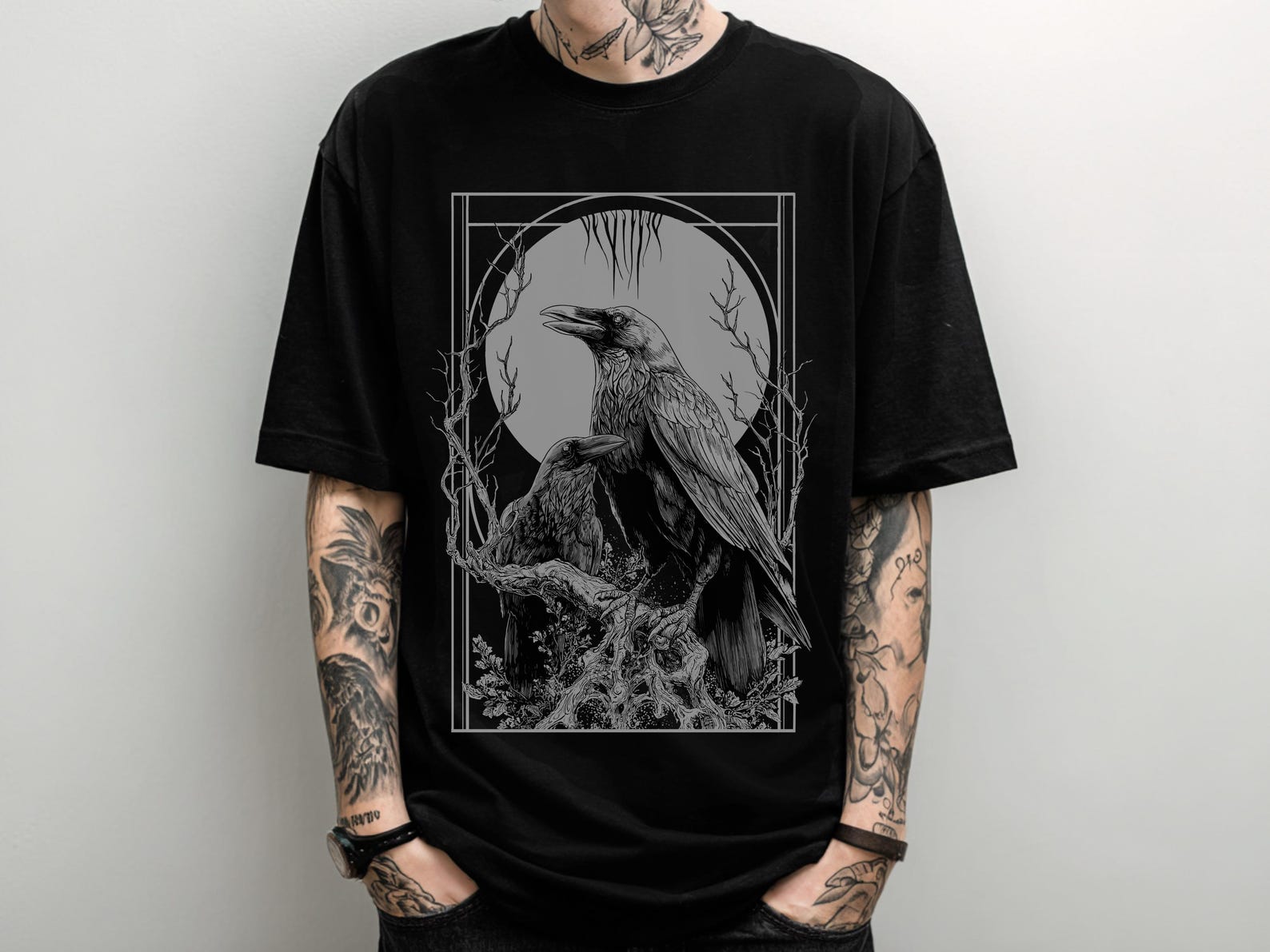 Unisex Raven Moon Gothic T-Shirt, Occult Witchy Graphic Shirt, Emo Goth Clothing, Alternative Metal Graphic Tee, Goth Gift For Him Her M
