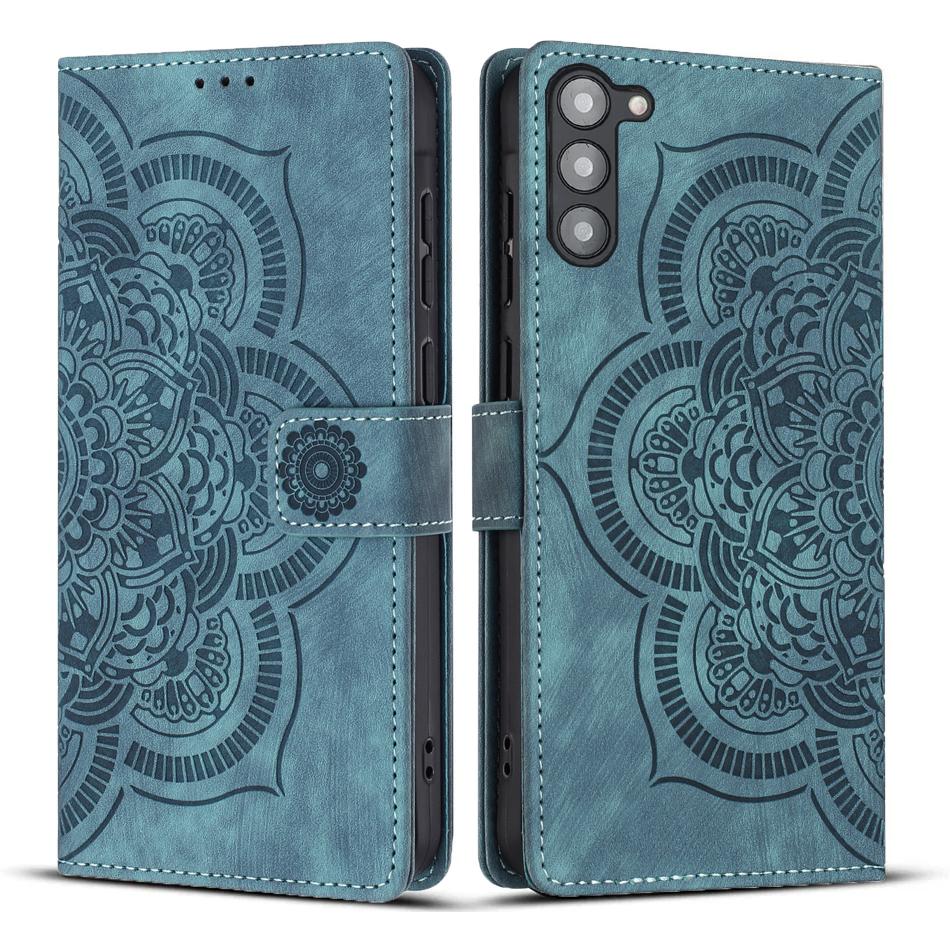 

For Samsung Galaxy S23 Leather Case WANLONFENG HDM Series Mandala Imprint Wallet Stand Phone Cover Blue