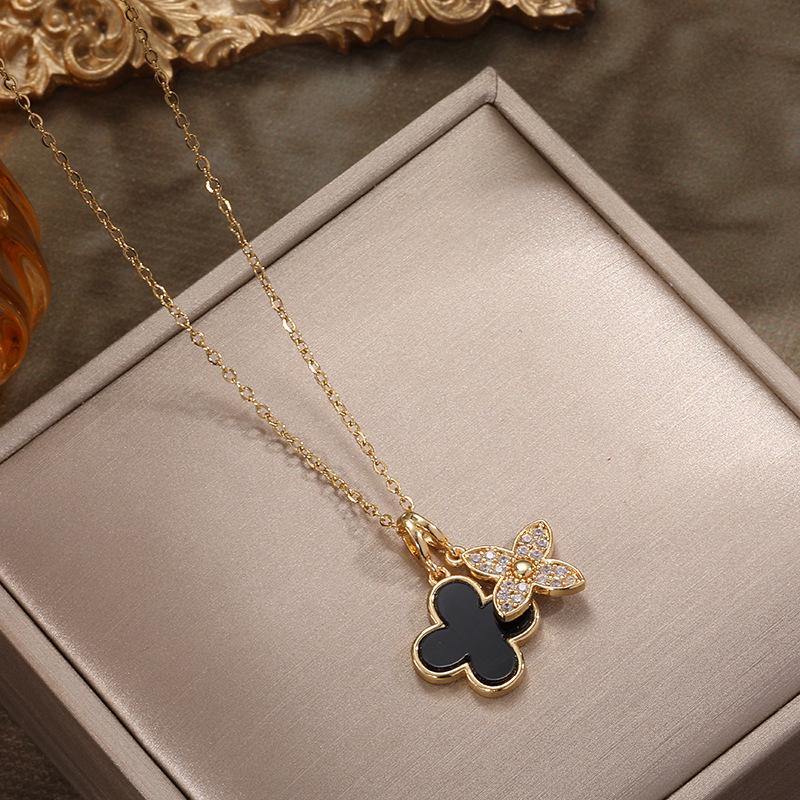 Korean Luxury Double-Layer Clover Necklace: Titanium Steel, Diamond Accents, Black & White Mother-of-Pearl Clavicle Jewelry