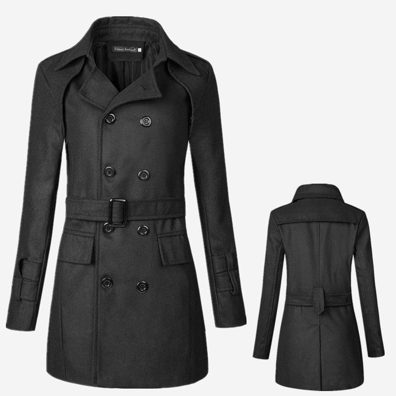 Men's Mid-Length British Style Wool Trench Coat with Belt for Autumn/Winter