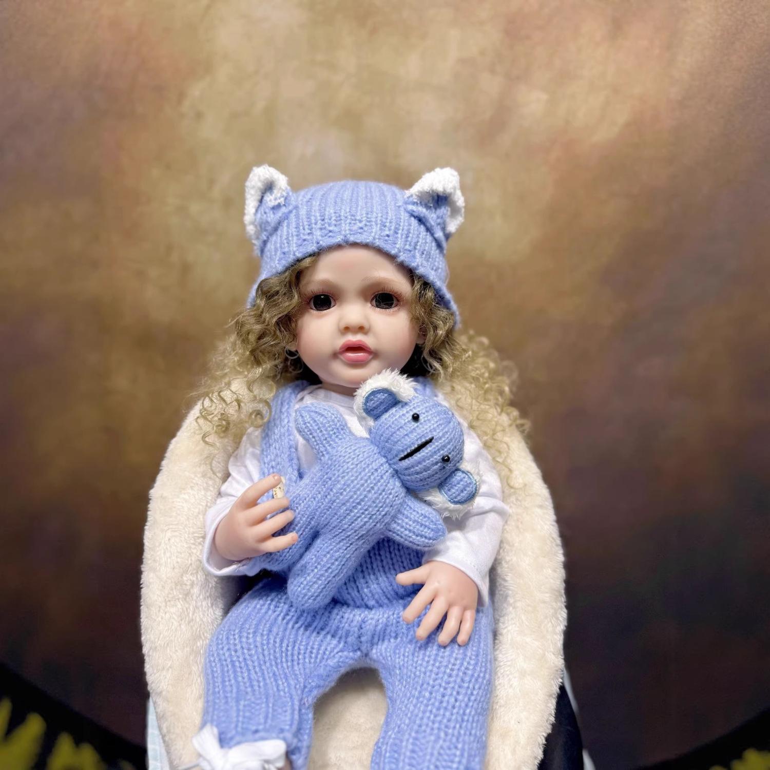 

NPK 50cm Reborn Baby Girl Doll Full Body Silicone Golden Curls Blue Knit Outfit