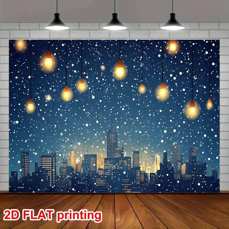 

2D Winter City Skyline Backdrop, Snow & Light Bulb Party Background Cloth 47.2x31.5inch/120*80cm
