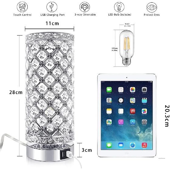 Modern Crystal Table Lamp, 3 Way Dimmable Touch Control Desk Lamp Wireless Charging, Dual USB Nightstand Lamps, Modern Bedside LED Lamp for Bedroom,