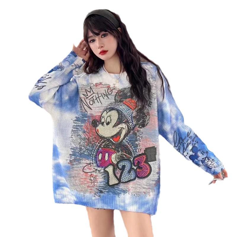 Korean Oversized Cartoon Tie-Dye Sweater for Girls - Autumn Mid-Length Trendy Top