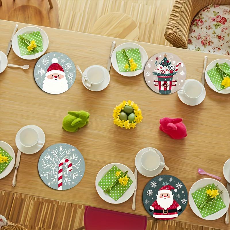 7PCS Christmas Santa Wood Coaster Set - Festive Holiday Drink Mats for Coffee & Tea, Perfect for Home Decor & Restaurant Tables