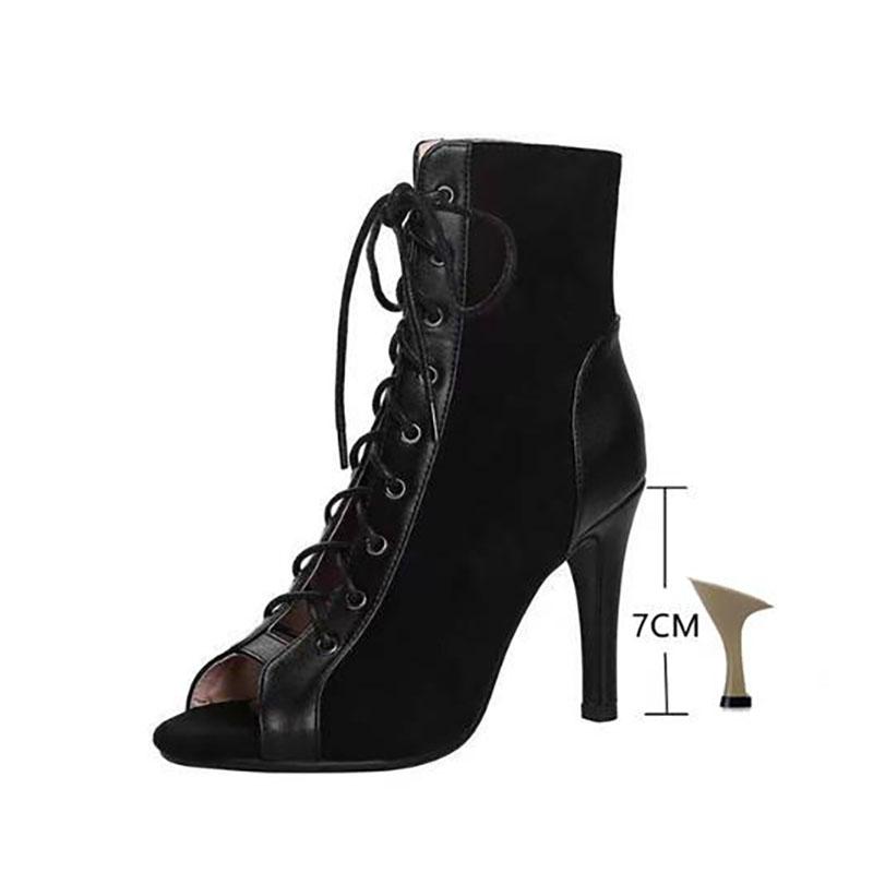 Sandalias de tacón de malla hueca para mujer, zapatos de verano negros con cordones, botas sexis con punta abierta, tacones de aguja, zapatos de baile jazz para mujer