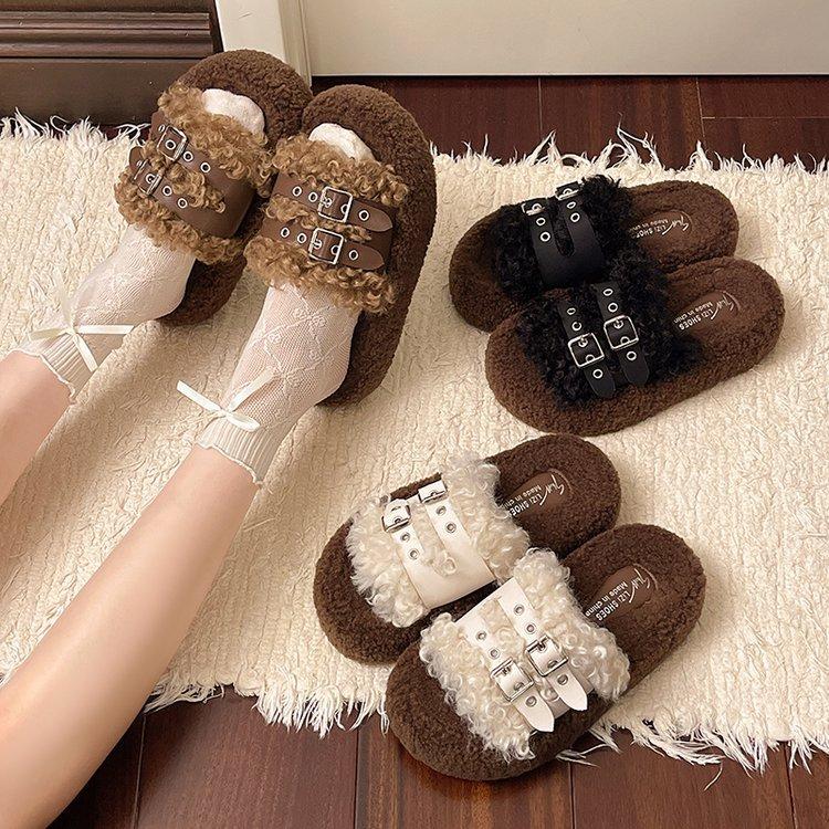 Thick-bottomed Fluffy Slippers for Women's Outer Wear 2025 New Belt Buckle Autumn and Winter Retro One-word Drag Soft-bottomed Cotton Drag for Women