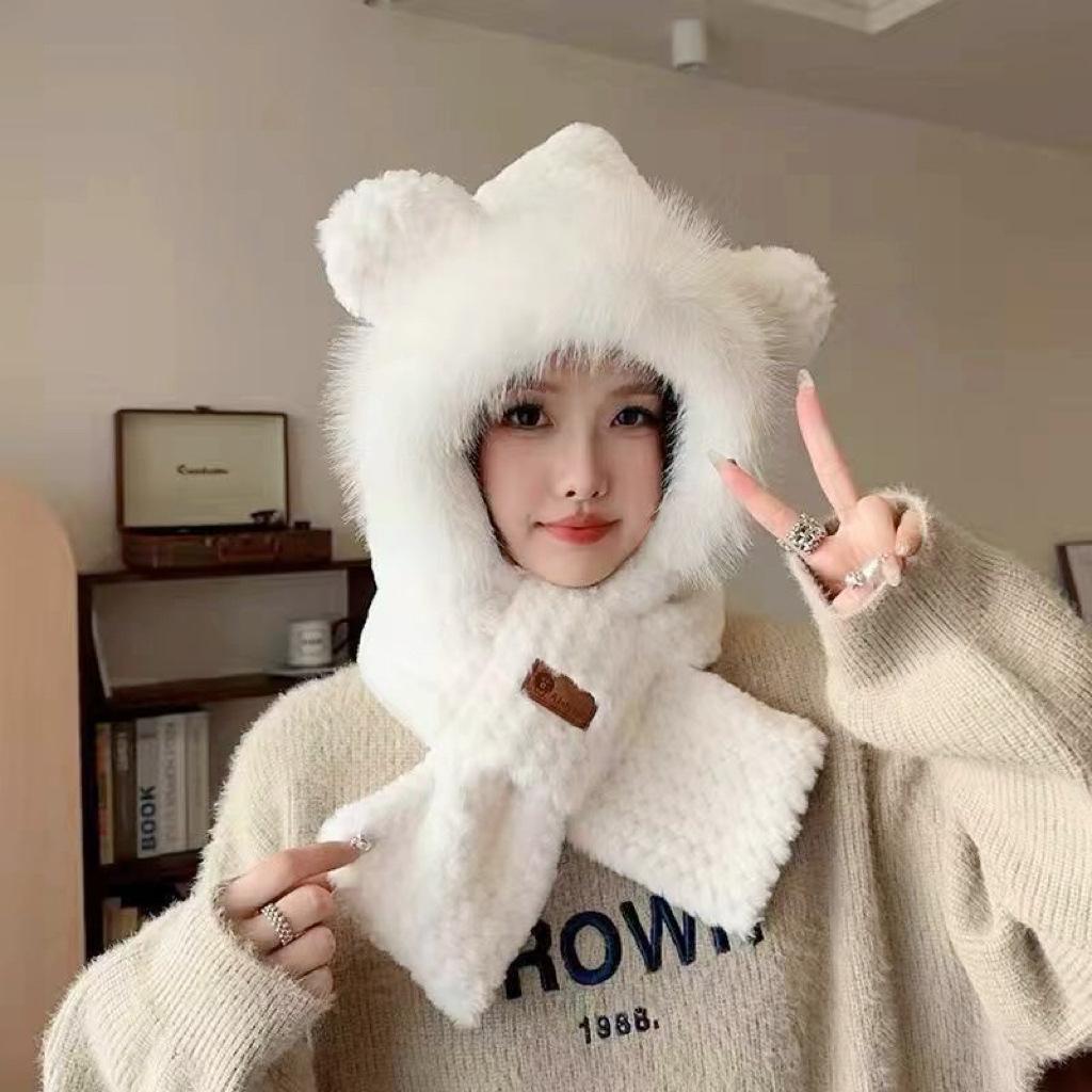 

Autumn and winter cute bear hat scarf integrated fleece warm hat ear protection cold versatile thickened fluffy hat one size fits all білий