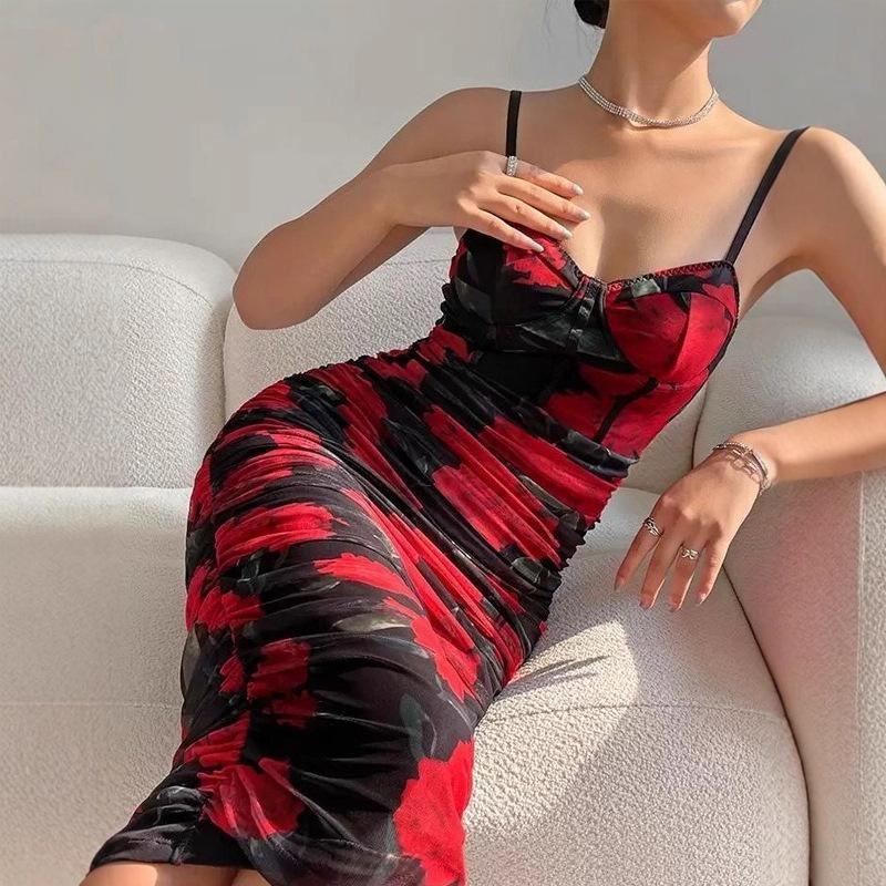 European and American Spice Girls Style Printed Mesh Suspender Skirt Low Chest Sexy Halter Hip Skirt Waist Folded Dress