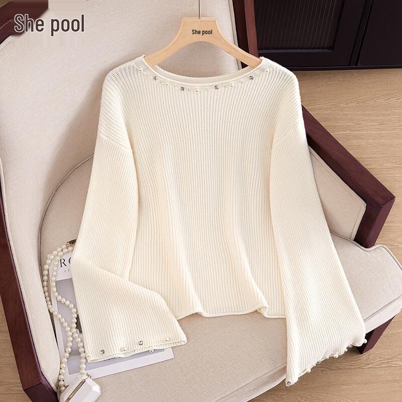 

Women s Beaded Round Neck Drop Shoulder Knit Sweater One Size