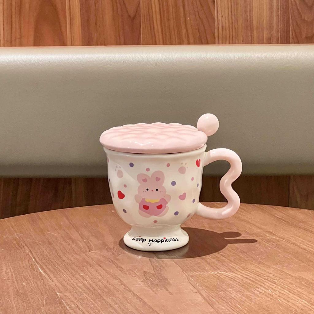 Girls' Heart Cute Rabbit Cup for Girls' Birthday Gift Souvenir High-value Ceramic Mug with Lid Spoon