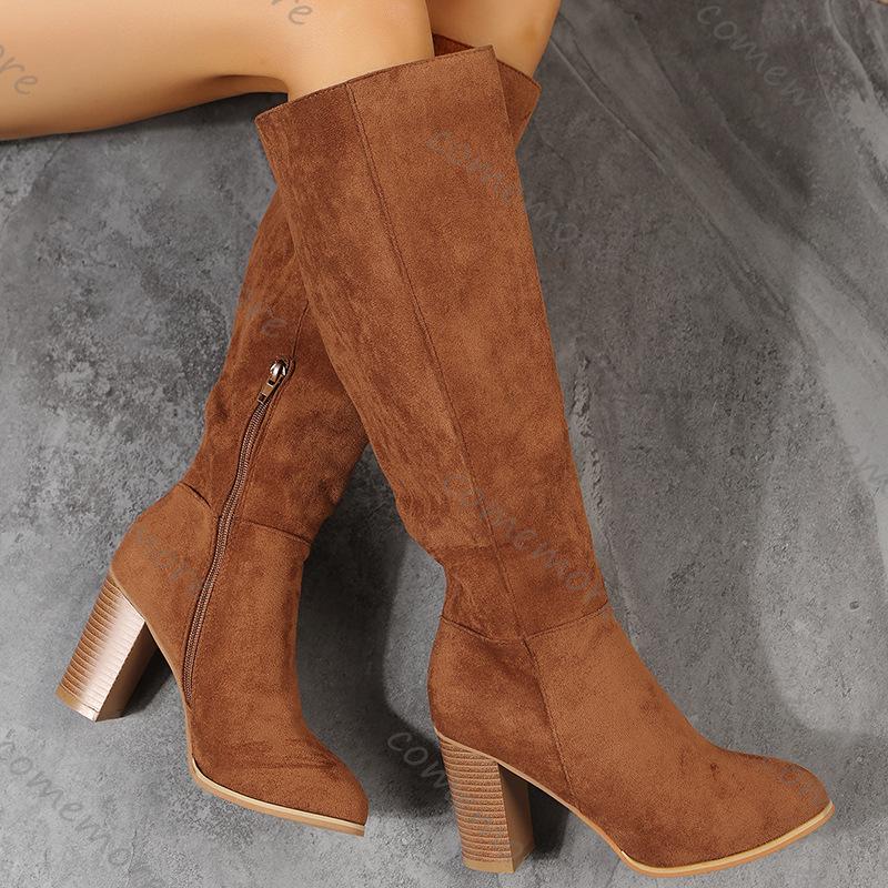 Fashion Comemore Retro Knee High Suede Long Boots Women Autunn Winter Side Zipper High Heels Solid Western Cowboy Botas Women's Shoes