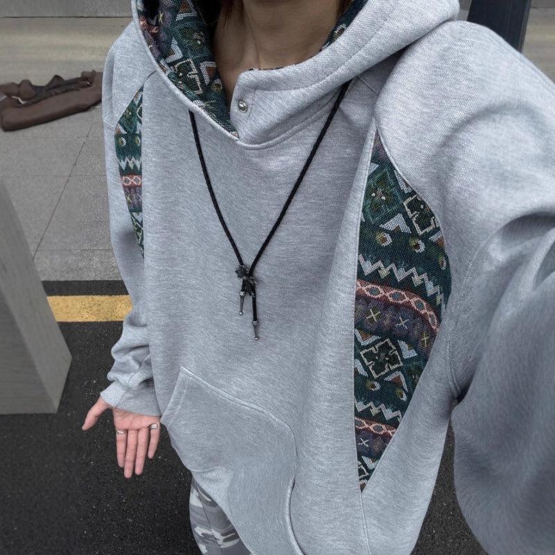 

Hooded Sweater Men s Trendy Brand Design Sense Ethnic Style Splicing Turtleneck Jumper M