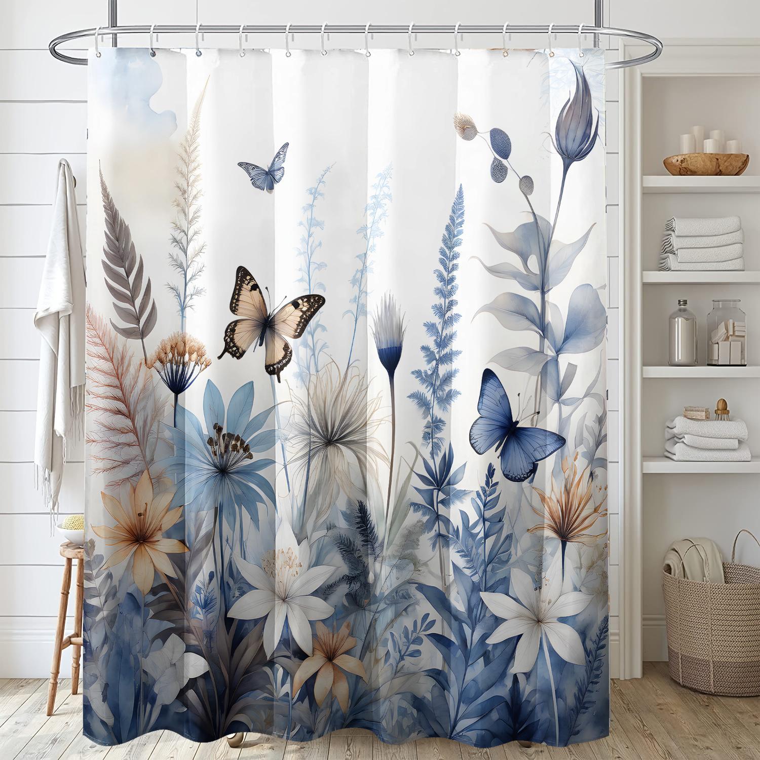 

1Pc Polyester Shower Curtain - Botanical Floral & Butterfly Print, White & Blue, Includes Hooks, All-Season Bathroom Decor W60H190(CM)-1 Pcs