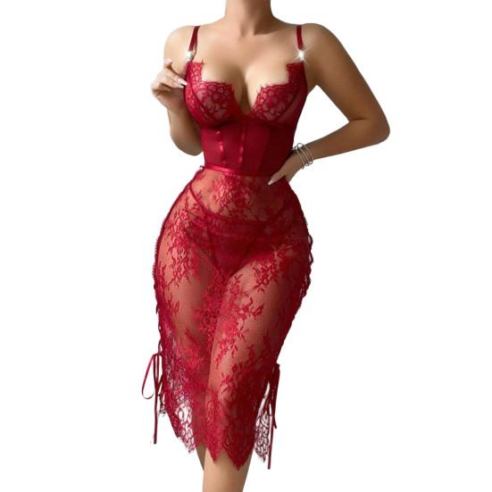 

Сексуальное кружевное платье-бэбидолл для женщин, прозрачная сетчатая сорочка, одежда для сна с боковым разрезом, V-образным вырезом, ночная сорочка для медового месяца, годовщин S вино красного