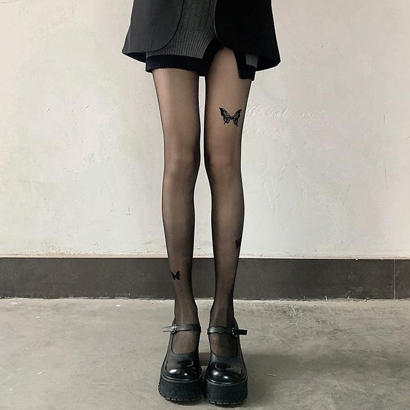 Women Ultra-Thin Tights Sexy Vintage Y2K Fake Tattoo Butterfly Black Transparent Silk Pantyhose
