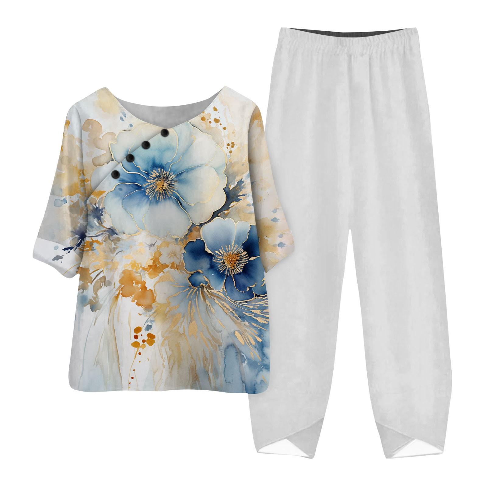 

Женские летние топы с короткими рукавами и принтом, эластичная талия, брюки из девяти предметов, комплект из двух предметов XXXL