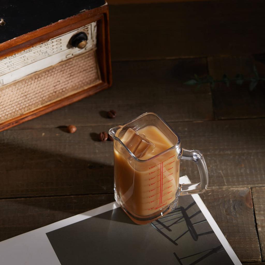 Square Measuring Cup Shot Glasses - 4oz with Glass Handle, V-Shaped Spout. Ideal for Espresso, Liquid Separation