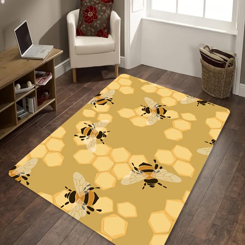 Cheerful Bee and Honeycomb Pattern Area Rug, Soft Non-Slip Indoor Outdoor Floor Mat for Kitchen and Living Room Decor