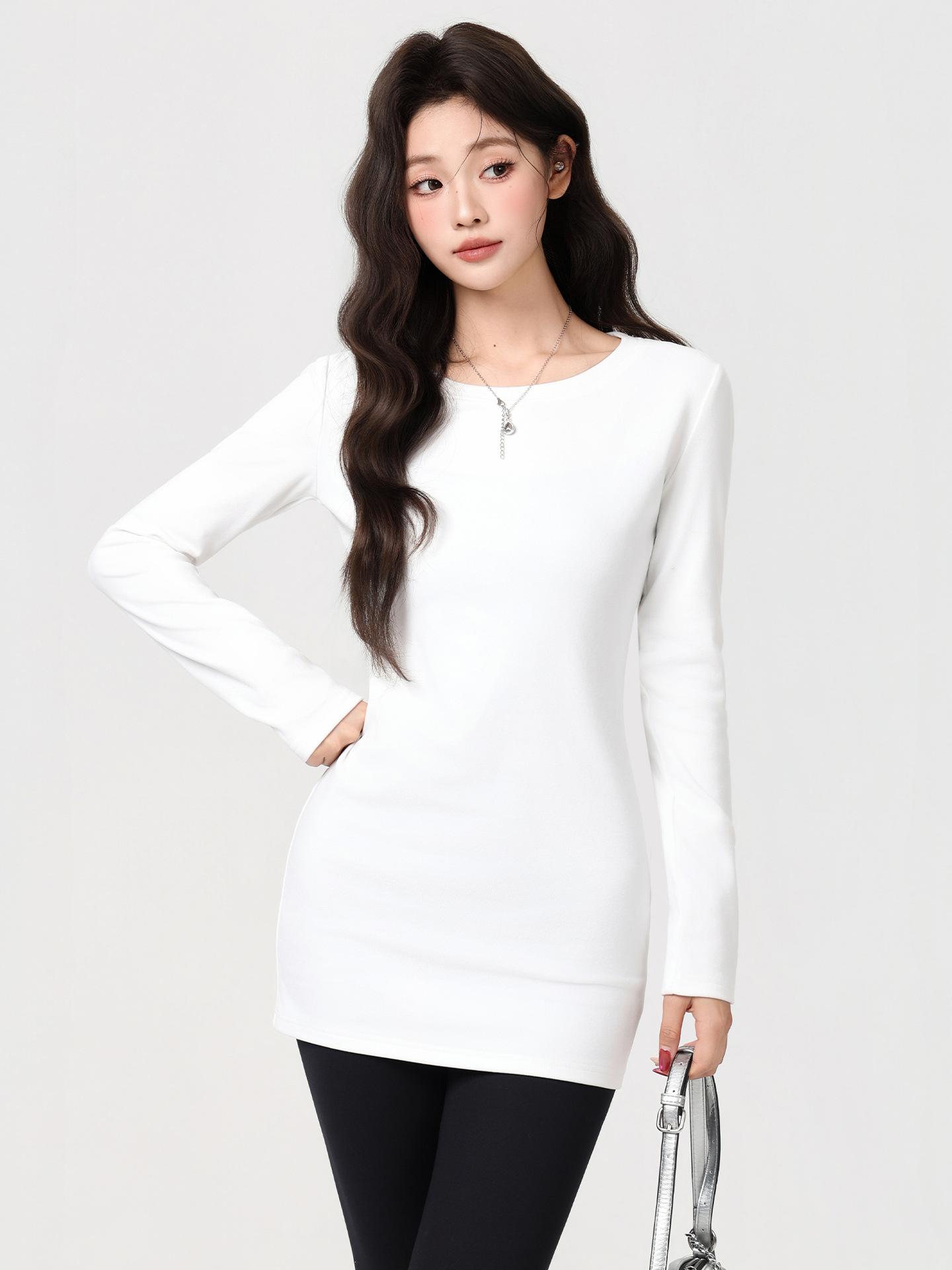 

White round neck long-sleeved T-shirt German velvet inner bottoming shirt autumn and winter new thickened velvet medium and long top women S белый