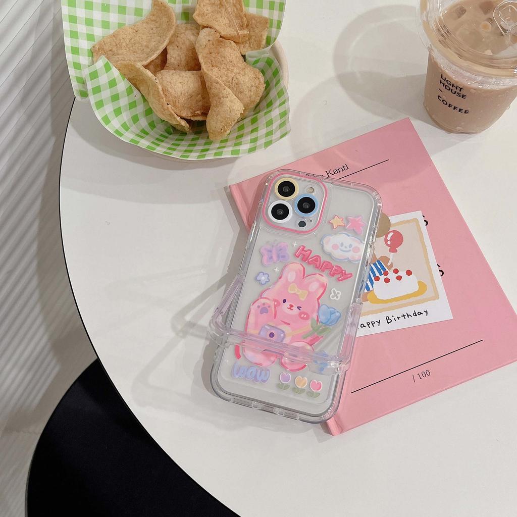 Graffiti Ins Smiley Cloud różowy królik Capa dla Iphone 11 12 Promax 14 Pro Max Plus 13promax stojak uchwyt kreskówka śliczny futerał na telefon