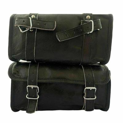 Pair 10" Genuine Goat Leather Saddle Bag Motorcycle Front Fork Black Tool Pouch
