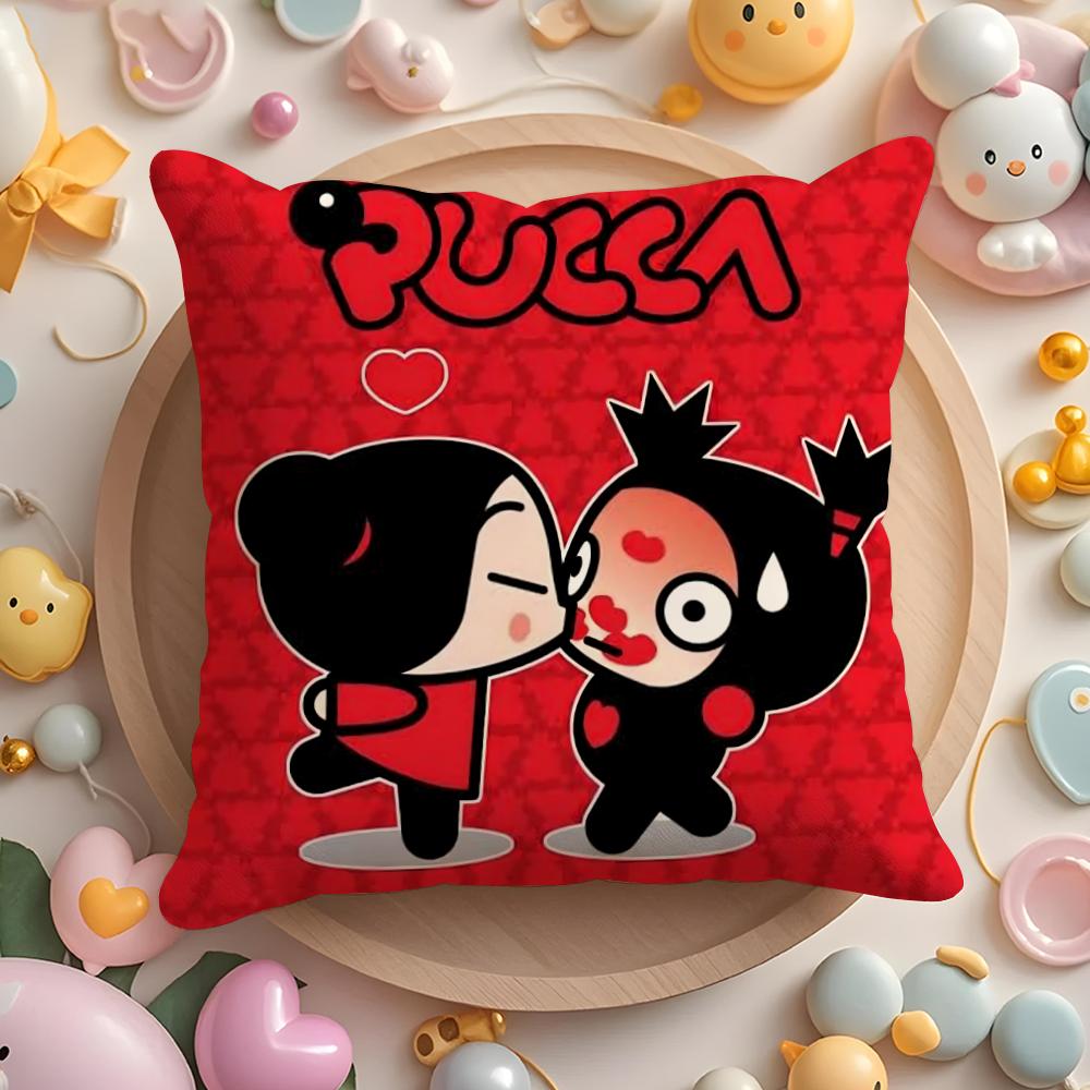 Kawaii P-Pucca Anime Cushion Cover Plush Fabric Soft Double-Sided Printed Sofa Pillow Case Colorfast Home Decor Gift
