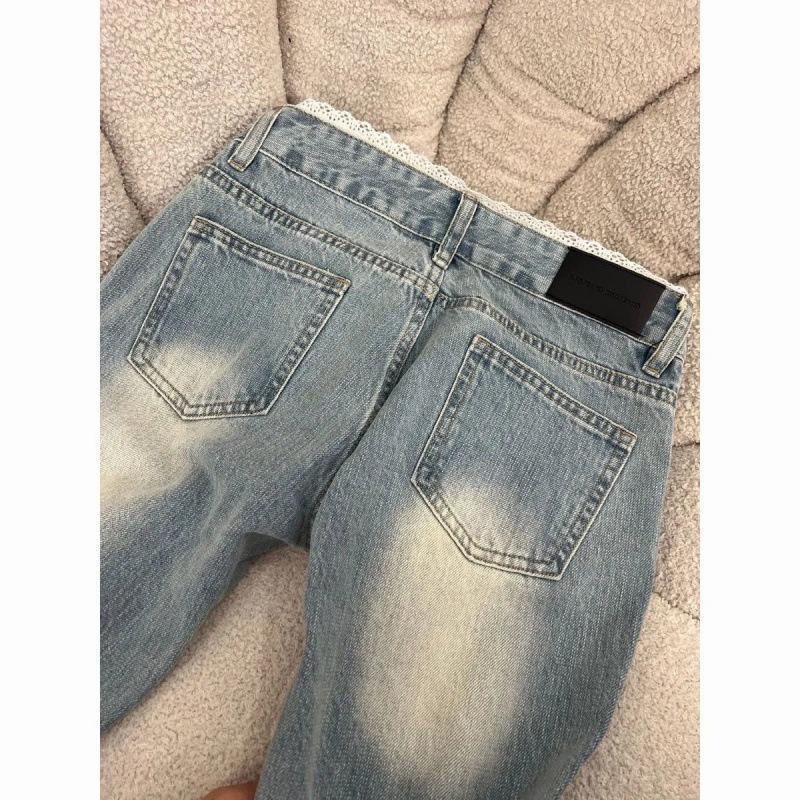 Frühling neue hellblaue Spitze Spleißung Mikro-Pull Jeans Damen gewaschene Hüftjeans dünn vielseitig lässig Schlaghosen