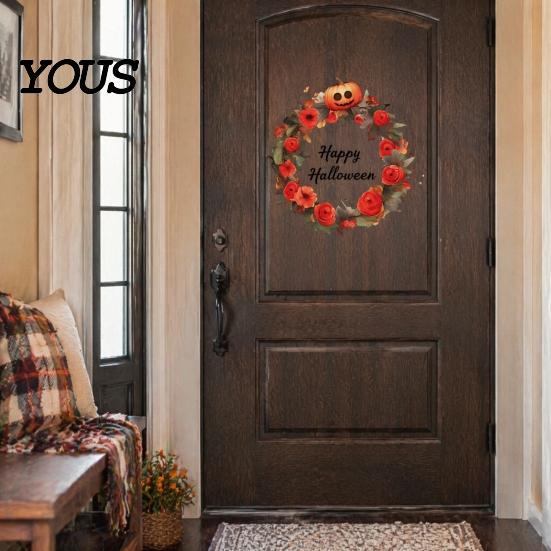 Festive Fall Window Clings Halloween Wreath Wall Stickers, Happy Garland Decals, Retro Autumn Pumpkin DIY Decoration & Rose Waterproof PVC Decor