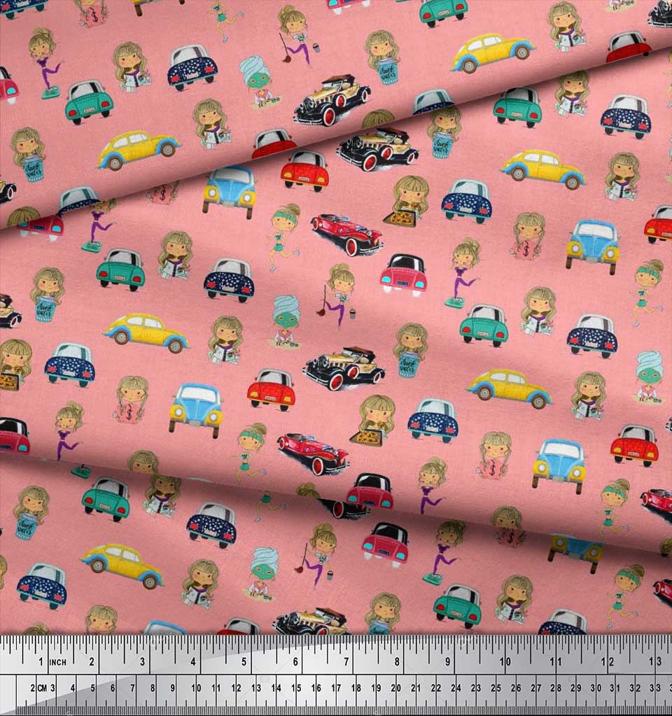Soimoi Japan Crepe Satin Fabric Cartoon Girl & Car Transport Print Fabric by the Metre 42 Inch
