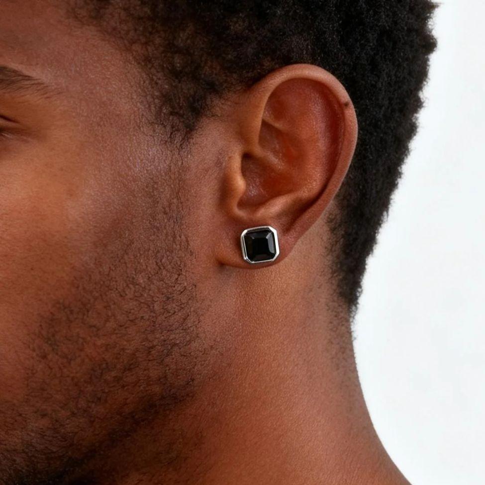 Stylish Hip Hop Natural Stone Black Agate Earrings for Men, Simple Stainless Steel Square Stud Earrings, Trendy Piercing Jewelry